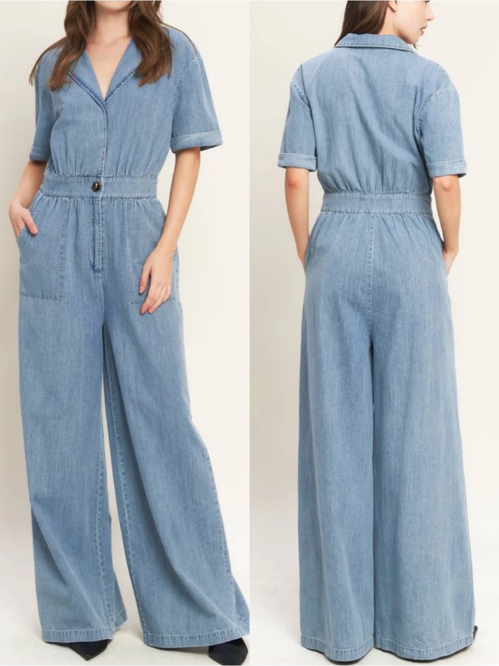 Vici Quiet Luxury Lightweight Chambray Denim Jumpsuit Coveralls Boiler Suit Blue